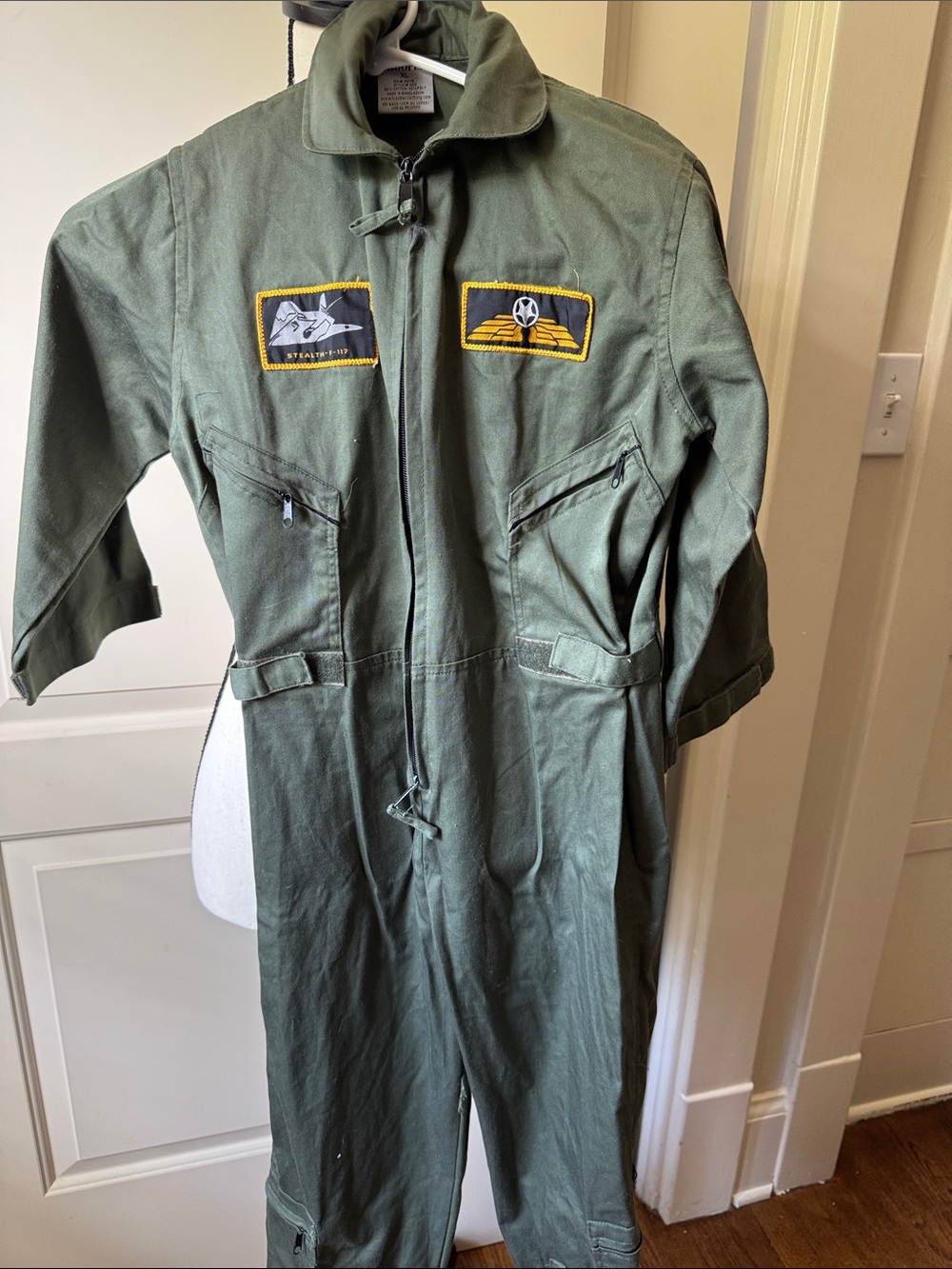 Kids Olive Green Flight-Style Jumpsuit  with Patch Details